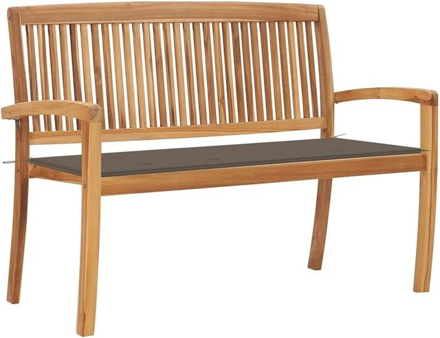 vidaXL Stapelbare Gartenbank aus Teakholz mit beigen Auflagen, B: 128,5 cm, H: 90 cm, T: 57,5 cm - Bild 1