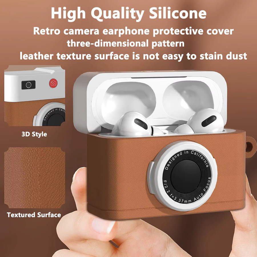 Silikon Schutzhülle im 3D-Retro-Kamera-Design für Apple AirPods Pro 3 inklusive Reinigungswerkzeug und Karabiner in Orange und Braun - Bild 4