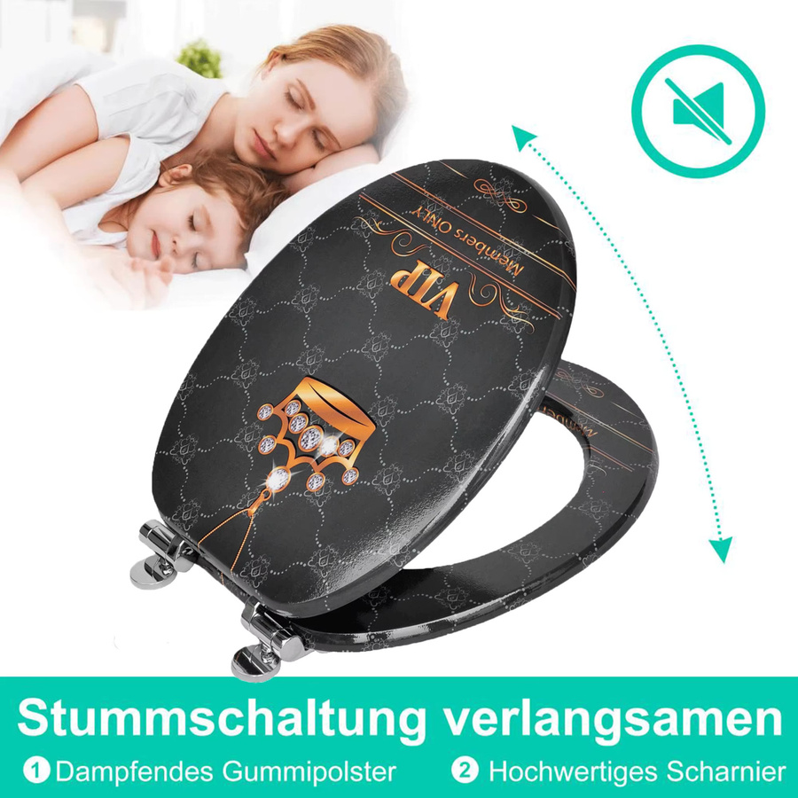 Sainos MDF WC-Sitz mit Absenkautomatik in Schwarz und Gold, oval mit Soft-Close-Funktion, Breite: 43,0 cm, Tiefe: 37,0 cm - Bild 3