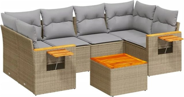 vidaXL 7-teilige Garten-Sofagarnitur in L-Form aus Poly-Rattan und Akazienholz mit Kissen in Beige - Bild 1