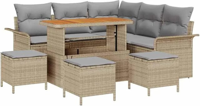 vidaXL Garten-Sofa-Set aus Poly-Rattan in Beige und Braun mit Polstern und Tisch, 9-teiliges L-Shape Lounge-Set mit Metallrahmen und Akazienholz - Bild 1