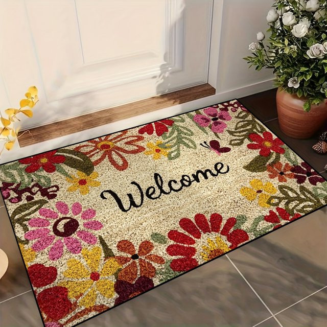 VIKAMA Vintage Floral Willkommens-Fußmatte in Multicolour, fleckenresistente rechteckige Eingangsmatte mit Naturmotiv, B/B: 60 x 40 cm - Bild 1