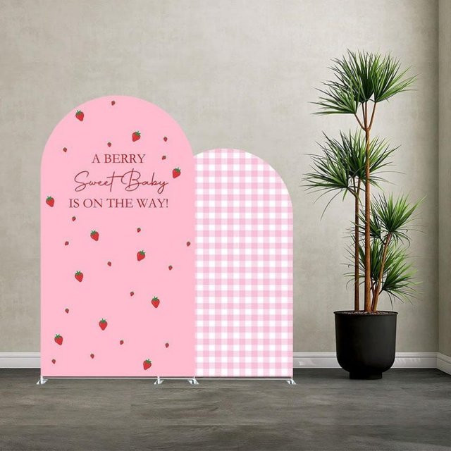 VIKAMA Hintergrundabdeckung Rosa mit Erdbeer- und Blumenmotiv für Geburtstage und Taufen, B: 120 cm, H: 50 cm - Bild 1