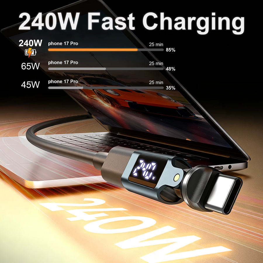 MOSHOU USB-C-zu-C-Adapter mit 240W Schnellladefunktion, 480Mbps Datenübertragung und drehbarer digitaler Anzeige für dein Telefon - Bild 2