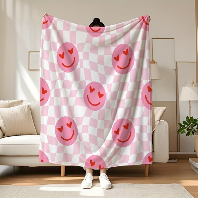Rosa karierte Flanelldecke von Love Smileys mit Wellenmuster - Bild 1
