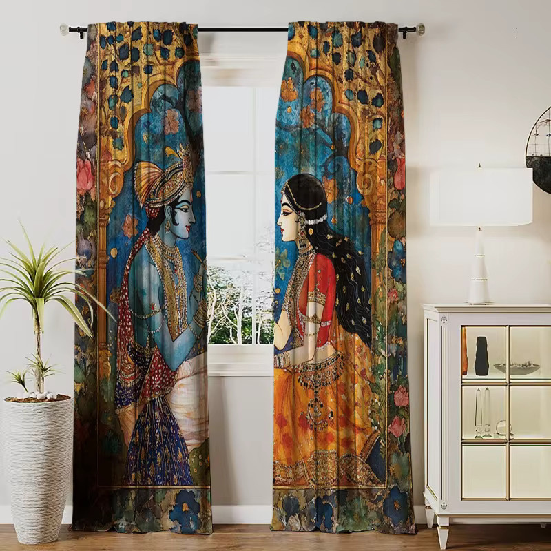 VIKAMA 2-teiliges Set Verdunkelungsvorhänge mit indischer Mythologie in Multicolour für Schlafzimmer und Wohnzimmer - Bild 2