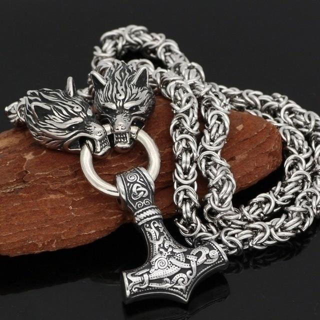 Allbestart Halskette Edelstahl, Wolf Kopf und Viking Thors Hammer Anhänger, Herren, grau - Bild 1