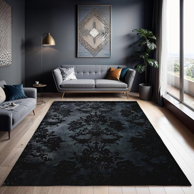 Schwarzer Gothic Viktorianischer Teppich im Art Deco Design für Wohnzimmer und Schlafzimmer, B/T: 160 x 200 cm - Bild 1