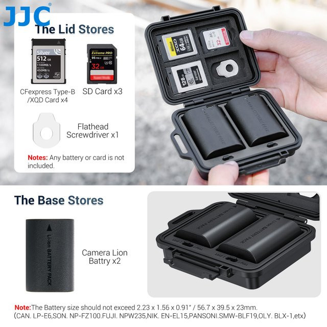 JJC JBC-K2CBS Aufbewahrungskoffer in Schwarz für 3 SD-Karten, 4 CFe B-Karten und 2 Akkus wie Fujifilm NP-W235 oder Nikon EN-EL15 - Bild 1