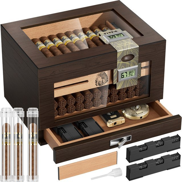 XIFEI Zigarren-Humidor aus Zedernholz in Braun mit 2 digitalen Hygrometern, 2 Befeuchtern, Zedernholztablett, Trennwand, Zubehörschublade und Zigarrenröhren-Set - Bild 1