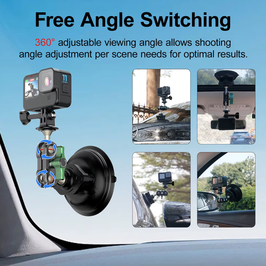 Sheingka Auto-Handy-Sportkamera-Halterung mit manueller Pumpe und Saugnapf, 360 Grad verstellbar, Schwarz, inklusive 1/4 Zoll Erweiterungsport, kompatibel mit GoPro, Insta360 und DJI - Bild 2