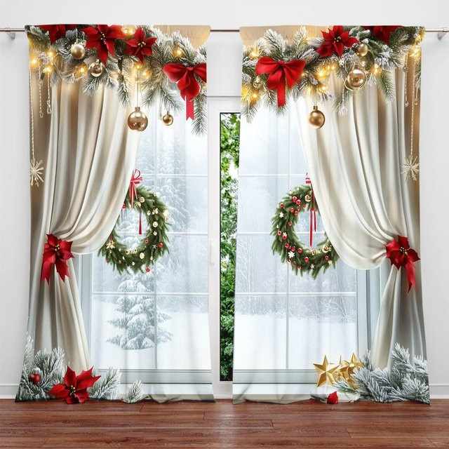 2er-Set Weihnachts-Fensterdekoration mit weihnachtlichem Print, weiß, B: 52,5 cm, H: 116 cm - Bild 1