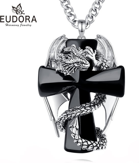 Eudora Halskette, Drache Twining Kreuz, Obsidian, Kristall, Silber, Unisex - Bild 1