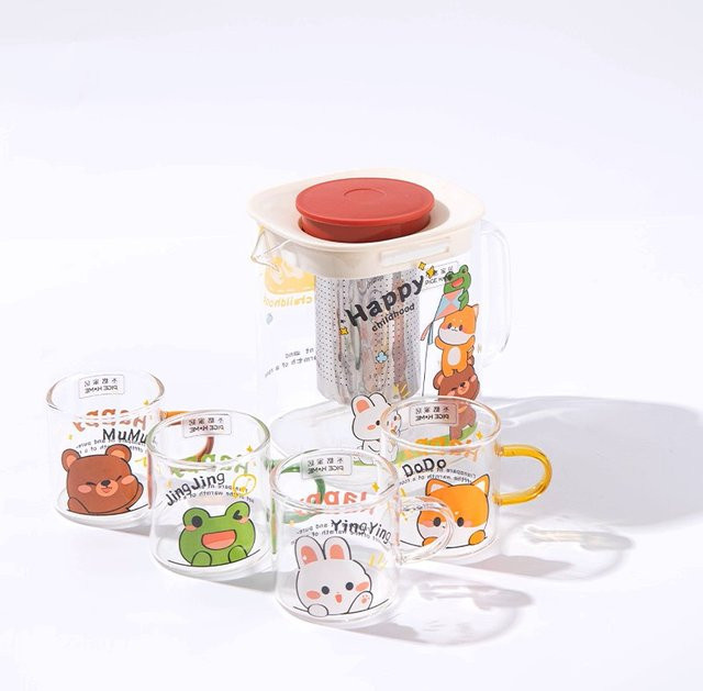 Pige Home Cartoon Teekannen- und Tassen-Set aus transparentem hitzebeständigem Borosilikatglas mit Infuser, 1 Teekanne und 4 Tassen - Bild 1