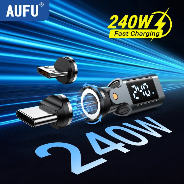 AUFU Magnetischer USB-C auf Typ-C Adapter mit Digital-Display, PD 240W Schnellladung, OTG-Konverter in Schwarz - Bild 1