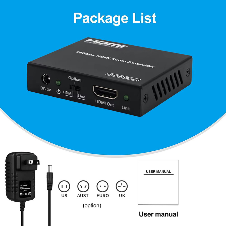 VBDWRM HDMI Audio Embedder 4K 60Hz HDMI 2.0 Audio Inserter mit AUX und Digital Toslink zu HDMI Konverter, 18Gbps, Schwarz - Bild 6