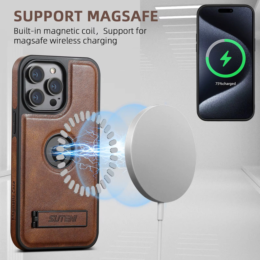 Luxus Magnetische Leder Handyhülle mit Auto-Ständer für iPhone 17 Air 17 Pro Max 16 Pro 15 14 13 12 Pro Max in Schwarz und Braun - Bild 3