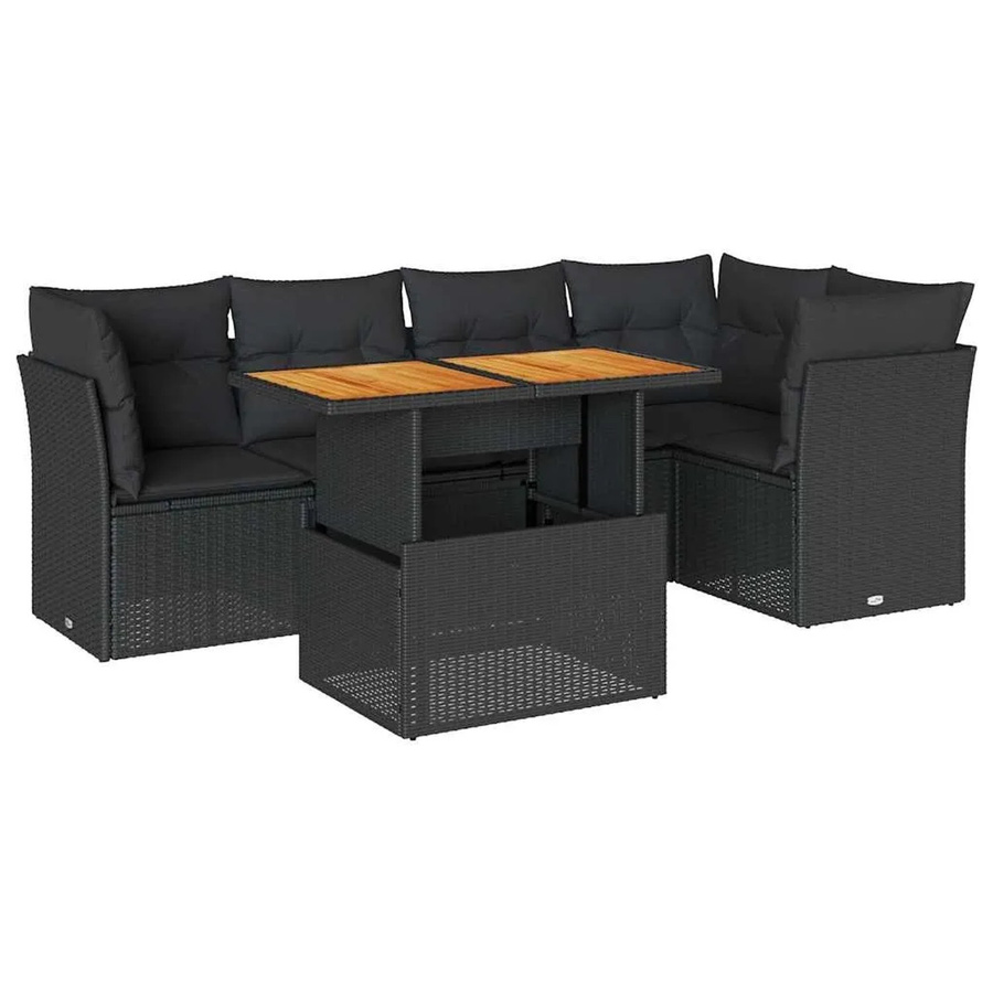 vidaXL 6-teilige Garten-Sofagarnitur aus Poly-Rattan und Akazienholz in Schwarz mit Kissen - Bild 2