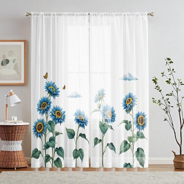 2er-Set dekorative Vorhänge mit blauem Sonnenblumen-Print, halbtransparent, Farbe: Blau und Weiß, B: 132 cm, H: 160 cm - Bild 1