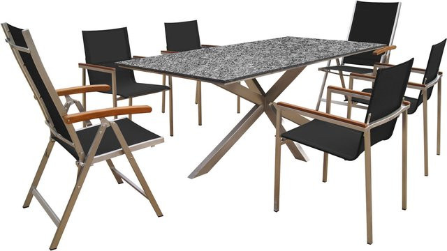 OUTFLEXX Garten-Essgruppe aus Edelstahl, Granit und Textil mit Teak-Armlehnen in Silber und Schwarz, B: 200 cm, T: 100 cm, inklusive 4 Gartensesseln und 2 Klappstühlen - Bild 1