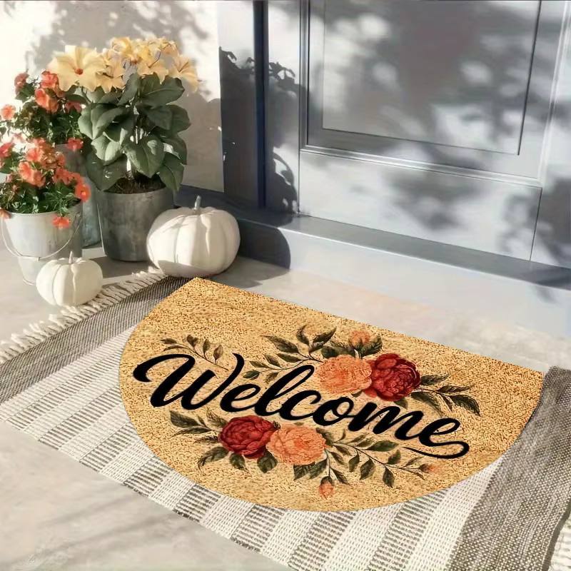 VIKAMA Willkommen Blumen-Fußmatte, halbrunde Eingangsmatte mit floralem Design, maschinenwaschbar, Multicolour, B/T: 60 x 40 cm - Bild 4