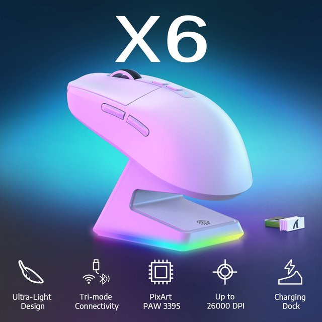 Attack Shark X6 Superlight Gaming-Maus mit magnetischer Ladestation, 26000 DPI PAW3395 Sensor, kabellos via Bluetooth oder 2.4G sowie kabelgebunden - Bild 1
