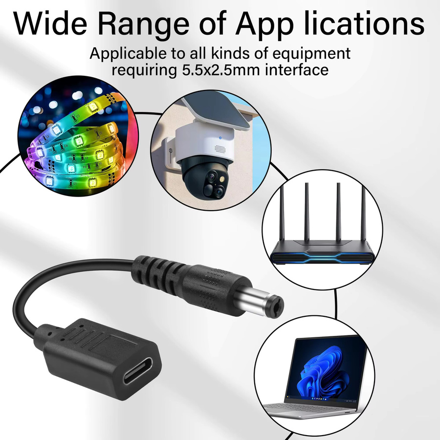 UpperFu DC zu USB-C Stromadapterkabel, 5,5mm x 2,5mm Stecker auf USB-C Buchse, 100W PD Ladegerät für Laptop, Router und CCTV, Schwarz - Bild 4