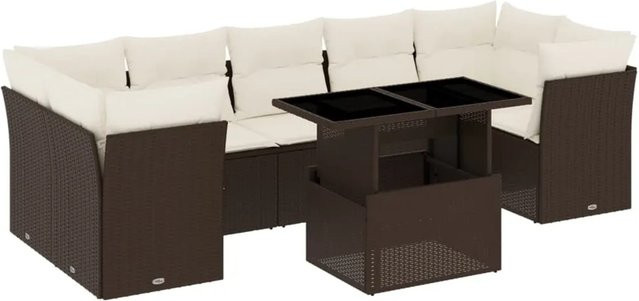vidaXL 8-tlg Garten-Sofagarnitur aus Polyrattan in Braun mit Kissen und Gartentisch - Bild 1