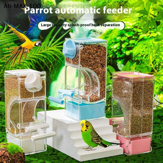 Hoeaden Automatischer Vogelfutterspender für Wellensittiche, Sittiche, Nymphensittiche und Lovebirds, transparent und blau - Bild 1