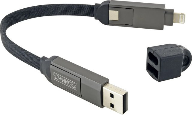 Schwaiger 4 in 1 Ladekabel LKUC4101 Schwarz mit USB-A, USB-C und Lightning Anschlüssen, Länge: 60 cm - Bild 1