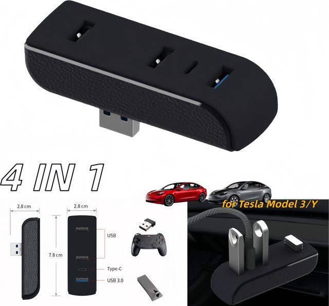 4-in-1 USB-Hub Dockingstation für Tesla Model 3 und Model Y zur Erweiterung des Handschuhfachs mit Schnellladefunktion und Datenübertragung in Schwarz - Bild 1
