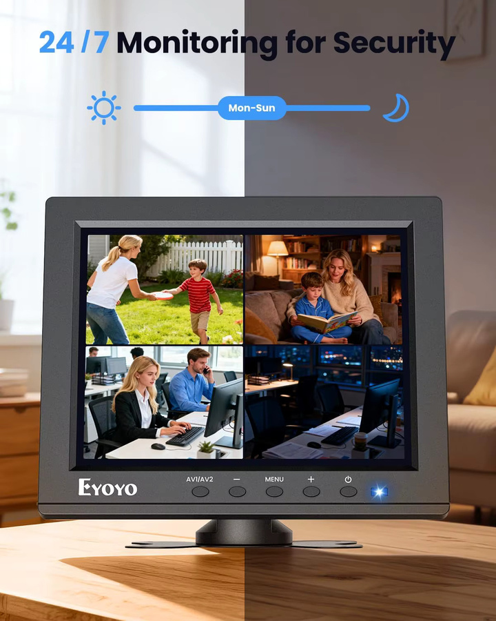 Eyoyo 8-Zoll Überwachungskamera-Monitor in Schwarz mit 1024x768 Auflösung, HDMI, VGA, BNC, AV und USB Anschlüssen sowie integrierten Lautsprechern - Bild 2