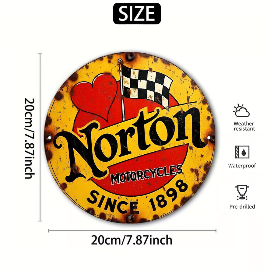 Potdemiel Vintage Norton Motorcycles Metallschild Rund mit kariertem Flaggen-Design in Multicolour, Durchmesser: 19,99 cm - Bild 3