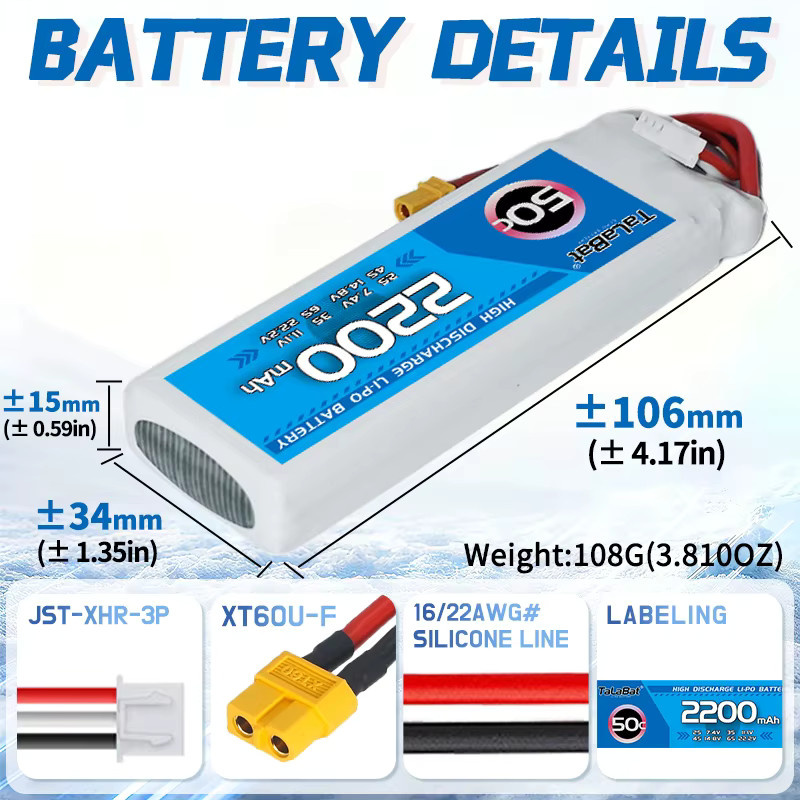 TalaBat 2er-Set LiPo Akku 7,4 V 2200mAh 50C 3S für RC Hubschrauber, Quadcopter und FPV Racing Drohnen - Bild 3