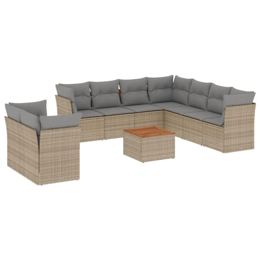 vidaXL 10-tlg. Garten-Sofagarnitur aus Polyrattan und Akazienholz in Beige mit Kissen und Gartentisch - Bild 2