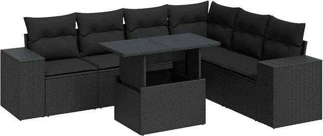 vidaXL 7-teilige Garten-Sofagarnitur in L-Form aus Poly-Rattan mit Kissen in Schwarz - Bild 1