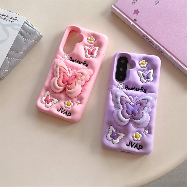 Stoßfeste Silikon Handyhülle mit 3D Cartoon Schmetterling und Teleskop-Halterung für Samsung Galaxy S22 S23 S24 S25 Ultra Plus A56 in Lila - Bild 1