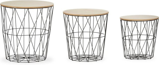 Relaxdays Korbtisch 3er Set aus Eisen und MDF in Schwarz und Natur, stapelbar mit Stauraum - Bild 1