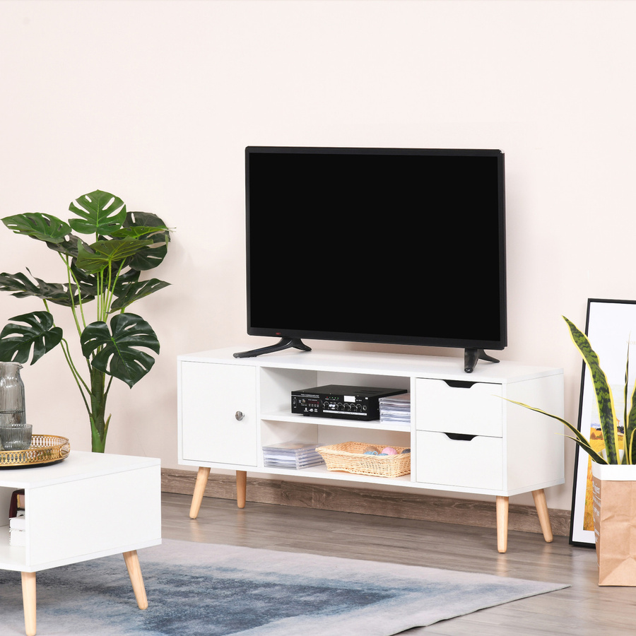 HOMCOM TV Lowboard Fernsehtisch in Weiß mit Holzfüßen und 2 Schubladen, B/T/H: 120 x 28 x 44 cm - Bild 2