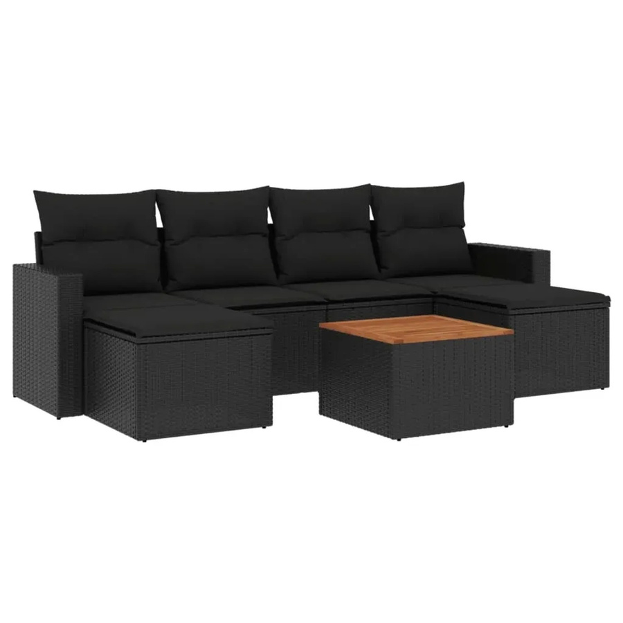 vidaXL 7-teilige Garten-Sofagarnitur aus Poly-Rattan und Akazienholz in Schwarz mit Kissen - Bild 2