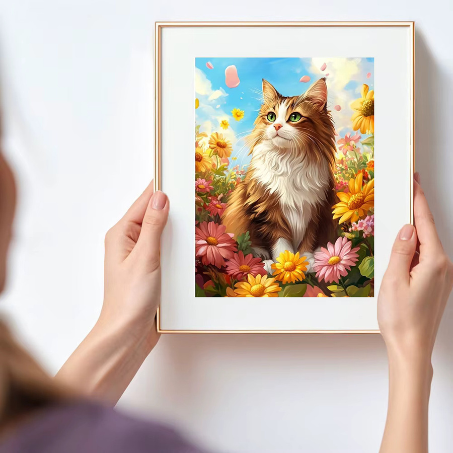 Huacan Diamantgemälde Katze mit Sonnenblumen als dekoratives Diamantmosaik in Mehrfarben - Bild 3