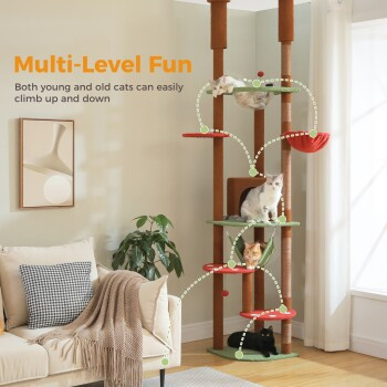 Pawz Road Deckenhoher Luxus Kratzbaum für Katzen in Schwarz mit Sisal, Hängematte und Höhle - Bild 2