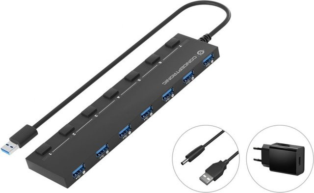 Conceptronic HUBBIES19BP 7-Port USB 3.0 Hub in Schwarz mit Netzteil und Einzel-Netzschalter, USB 3.2 Gen 1 Type-A Schnittstellen, 5000 Mbit/s Datenübertragungsrate - Bild 1