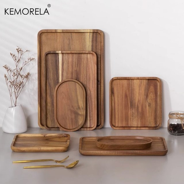 KEMORELA Dekoratives Serviertablett aus Akazienholz in Braun, Rechteckiges Holztablett für Kaffee, Tee und Desserts - Bild 1