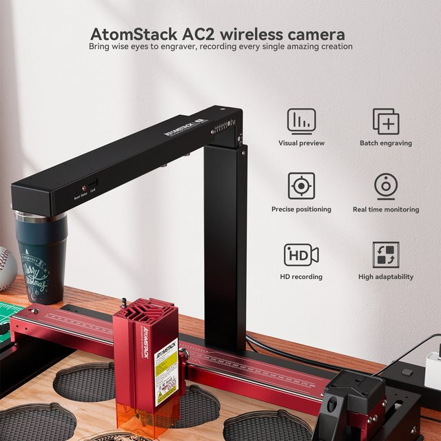 ATOMSTACK AC2 Laserkamera mit 1080P WiFi und Typ-C für präzise Positionierung in LightBurn, Schwarz, Arbeitsbereich: 400 x 400 mm - Bild 1