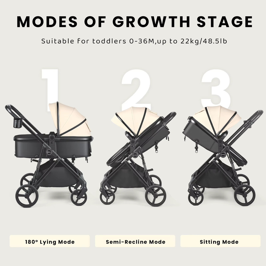 2-in-1 Baby-Kinderwagen in Beige als faltbares Reisesystem mit umkehrbarem Sitz und verstellbarem Sonnendach für Neugeborene und Kleinkinder von 0-36 Monaten - Bild 4