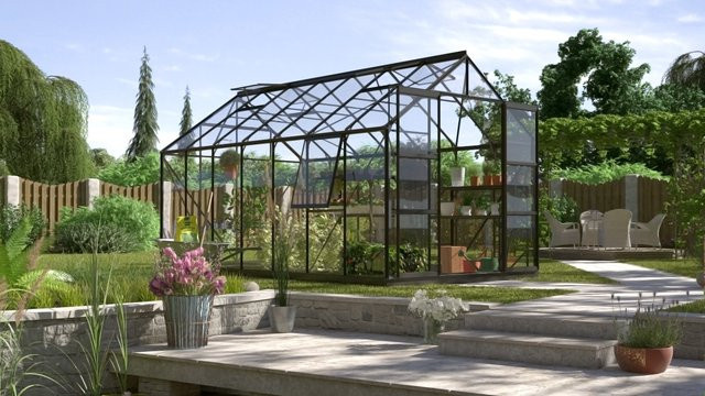 Vitavia Gewächshaus Jupiter 11500 Schwarz mit 11,5 m² Fläche, ESG-Sicherheitsglas und Doppelschiebetür - Bild 1
