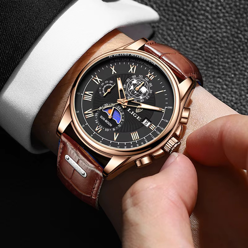 LIGE Armbanduhr Chronograph, Quarz, Leder, Herren - Bild 5