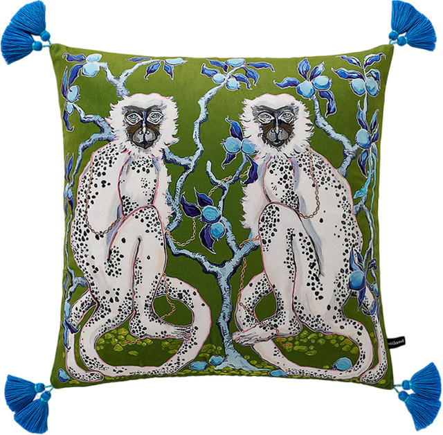Formaso Kissenbezug aus Samt in Weiß und Grün mit Affen-Motiv im orientalischen Stil, B/T: 60 x 60 cm - Bild 1