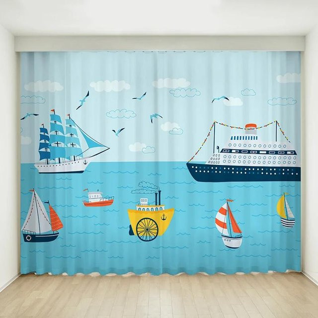 2er-Set Verdunkelungsvorhänge mit Segelboot-Motiv für Kinderzimmer, Blau, B: 55 cm, H: 120 cm - Bild 1